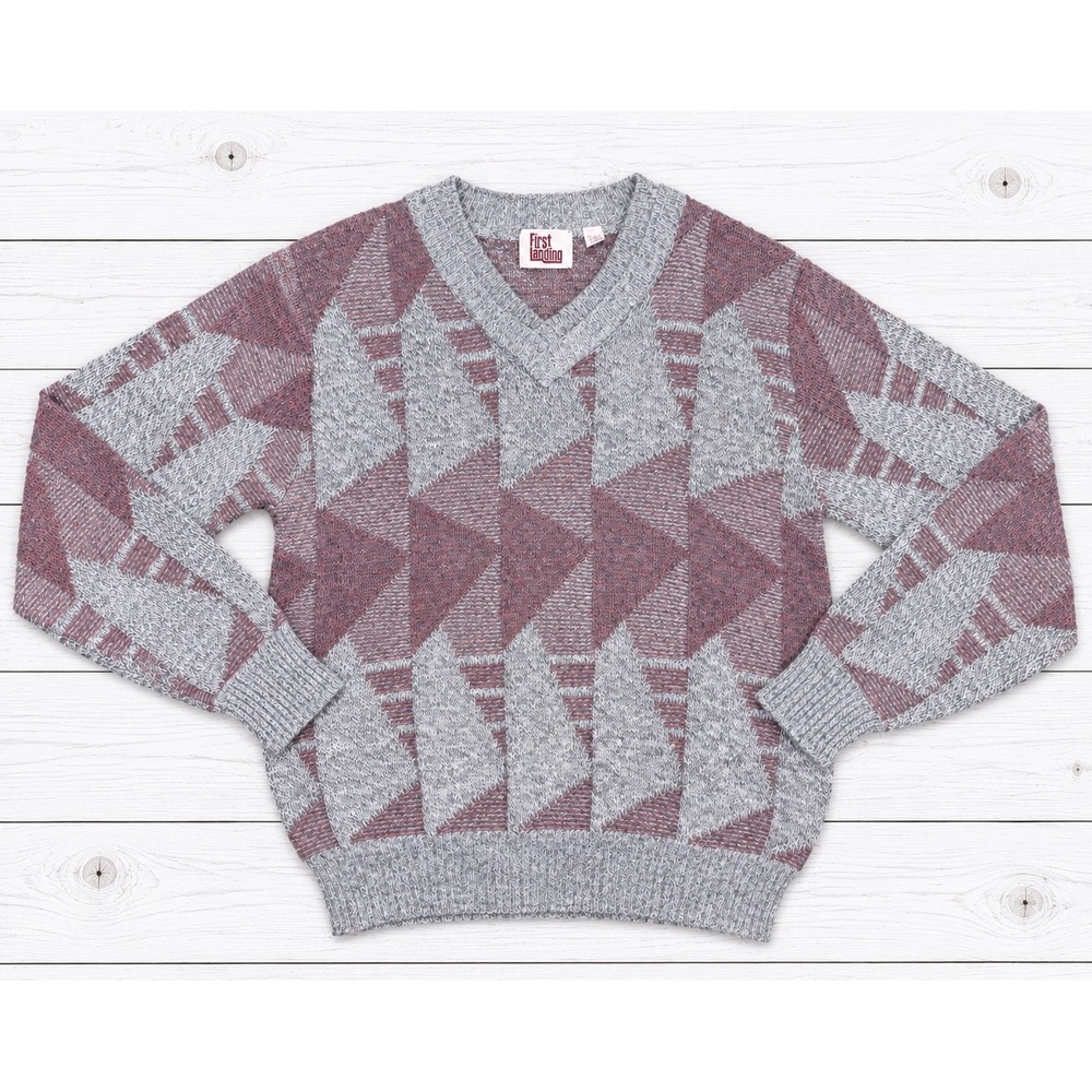 Vintage First Landing V-Neck Sweater Geometric Knit Grandpa Core 90s Mens Large